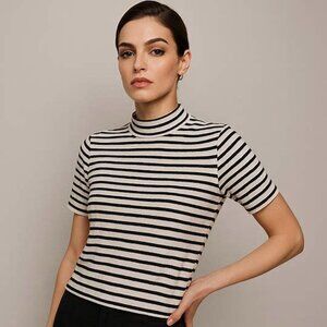Womens Plus Sz L Mock Neck Form Fitted Crop Tee Top Sweater Striped White&Black